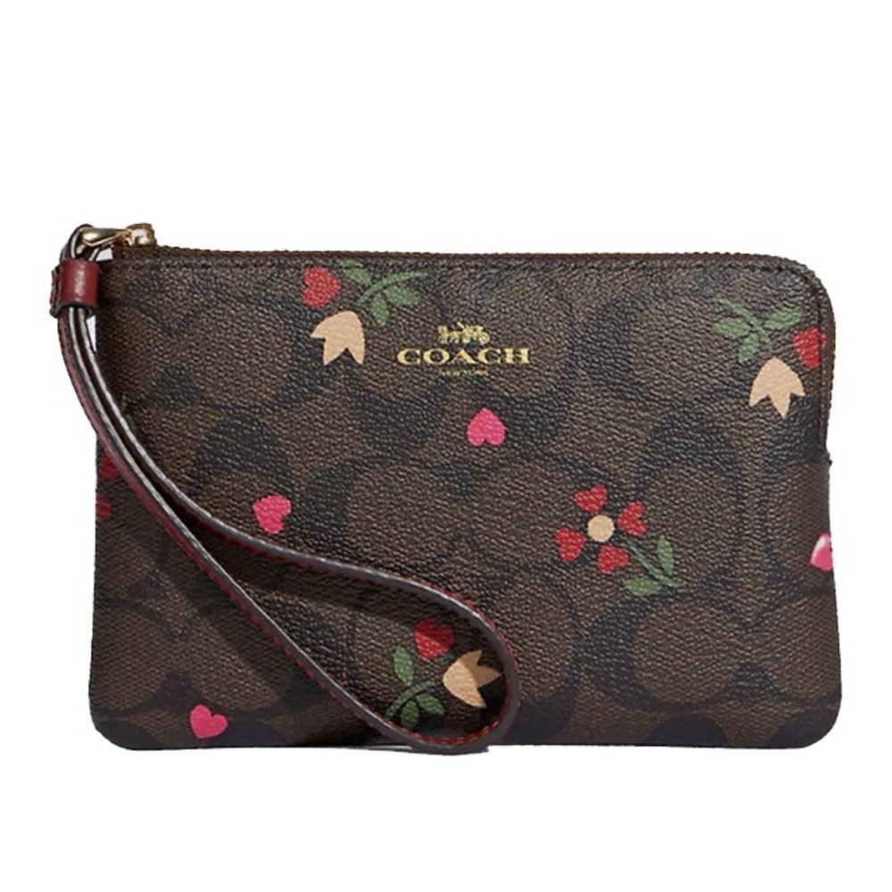 Coach Corner Zip Wristlet In Signature Canvas With Heart Petal Print